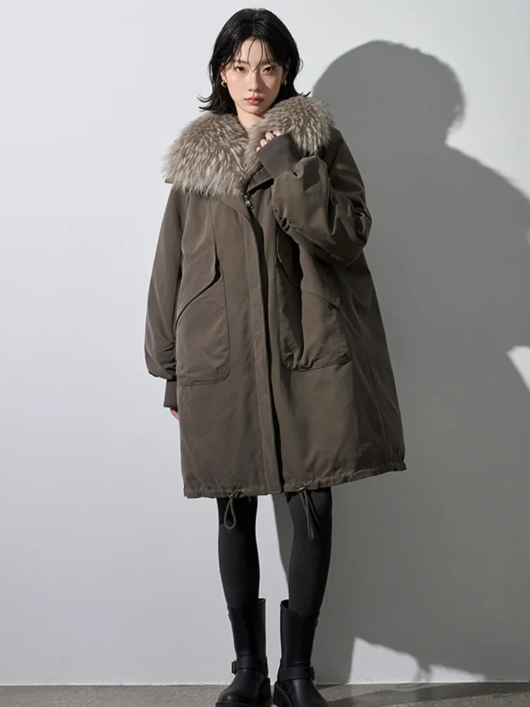 سترة نسائية شتوية غير رسمية طويلة من ريش الإوز معاطف بياقة من فراء الراكون الطبيعي سترات منتفخة معاطف خارجية #4