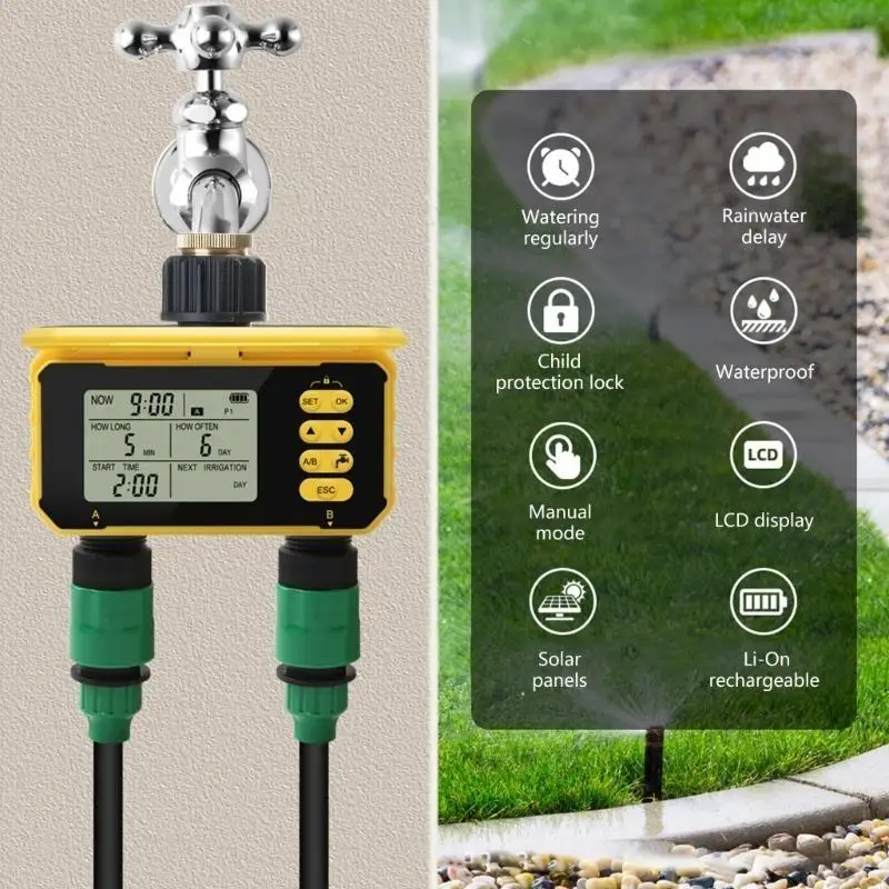 User Friendly Double Valves Irrigation Controller Easy Install Double Outlet Solar Water Timer for Efficient Watering C5AD