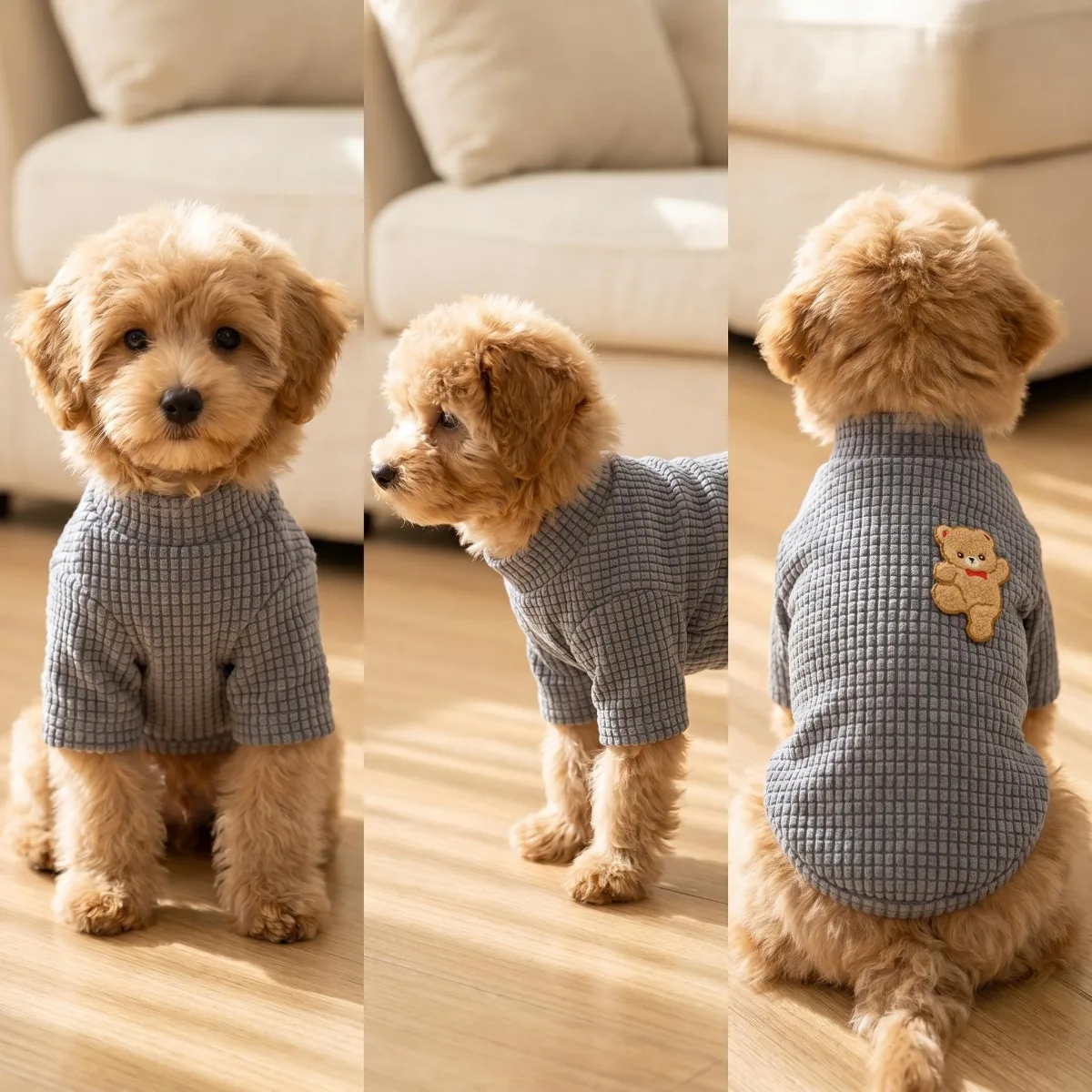 Grauer Waffelstrick-Katzenpullover - 3D-Bären-Stickerei Warme Haustierkleidung für Katzen und Kleine Hunde – Detail 6