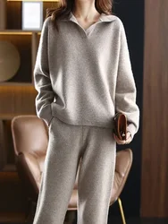 2 Pieces Set Women Oversize Tracksuit Polo Collar Sweater&Straight Pants Female Knitted Pullover Set Elegant Sweater Suit Women