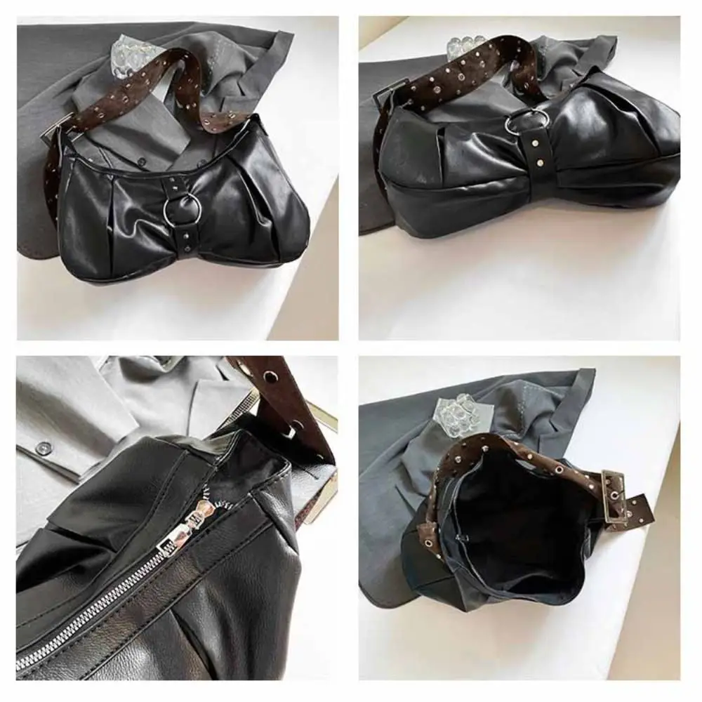 Umhängetasche aus PU-Leder mit breitem Riemen und Nieten, großes Fassungsvermögen, Retro-amerikanischer Stil, Lokomotive-Stil, Unterarmtasche, modisches Design