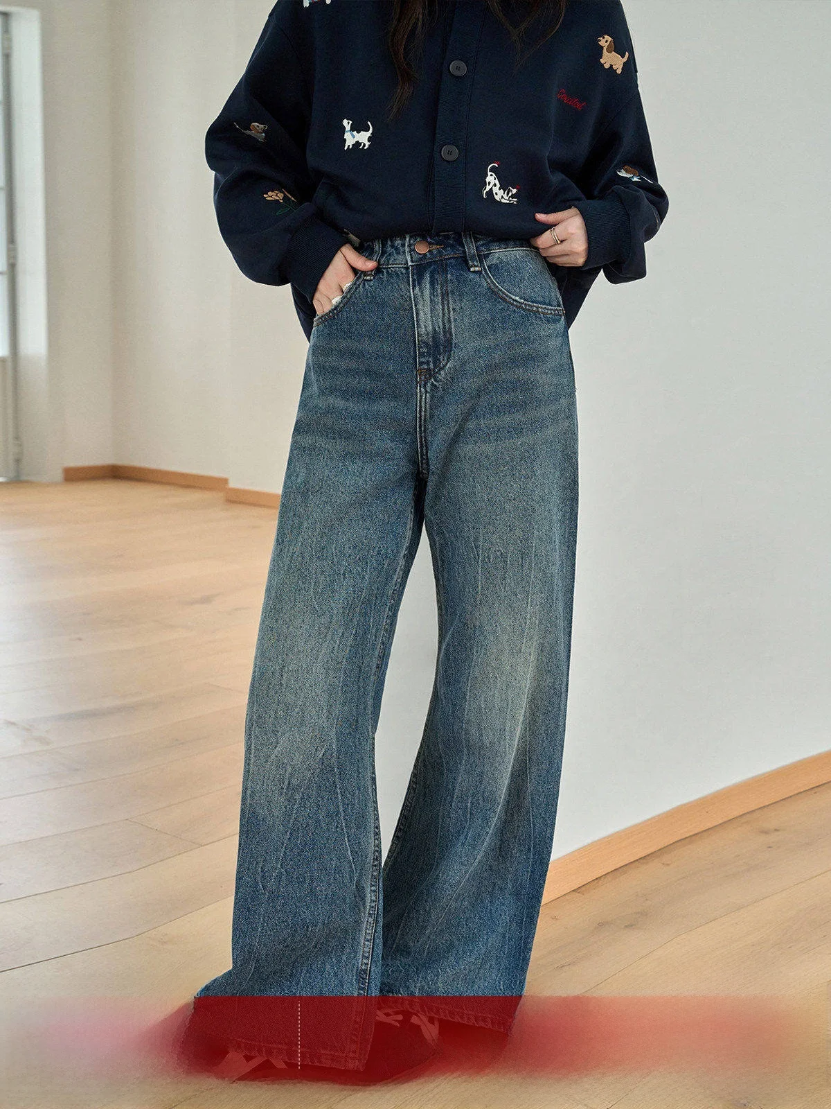 

MoZao Blue Vintage Waed Loose Straight Leg Jeans Women's High Waist Slimming Wide Leg Pants Commute Sle Autumn Winter