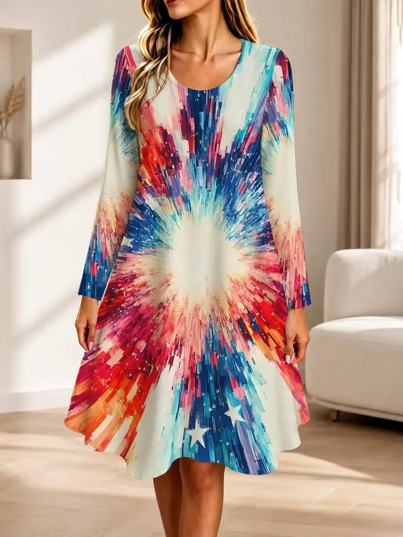 Women's long sleeved round neck loose A-line mini dress, 3D color striped gradient printed casual dress Vesidos De Mujer