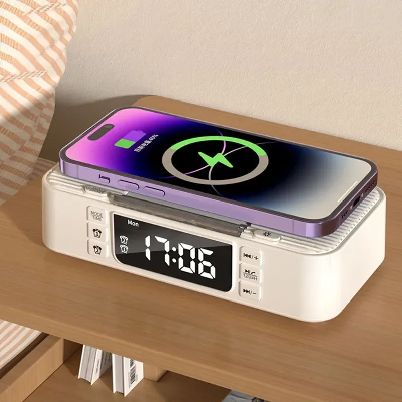 Portable Bluetooth Speaker with Wireless Charging Atmosphere Light Clock Alarm Function Double Speaker USB Charging