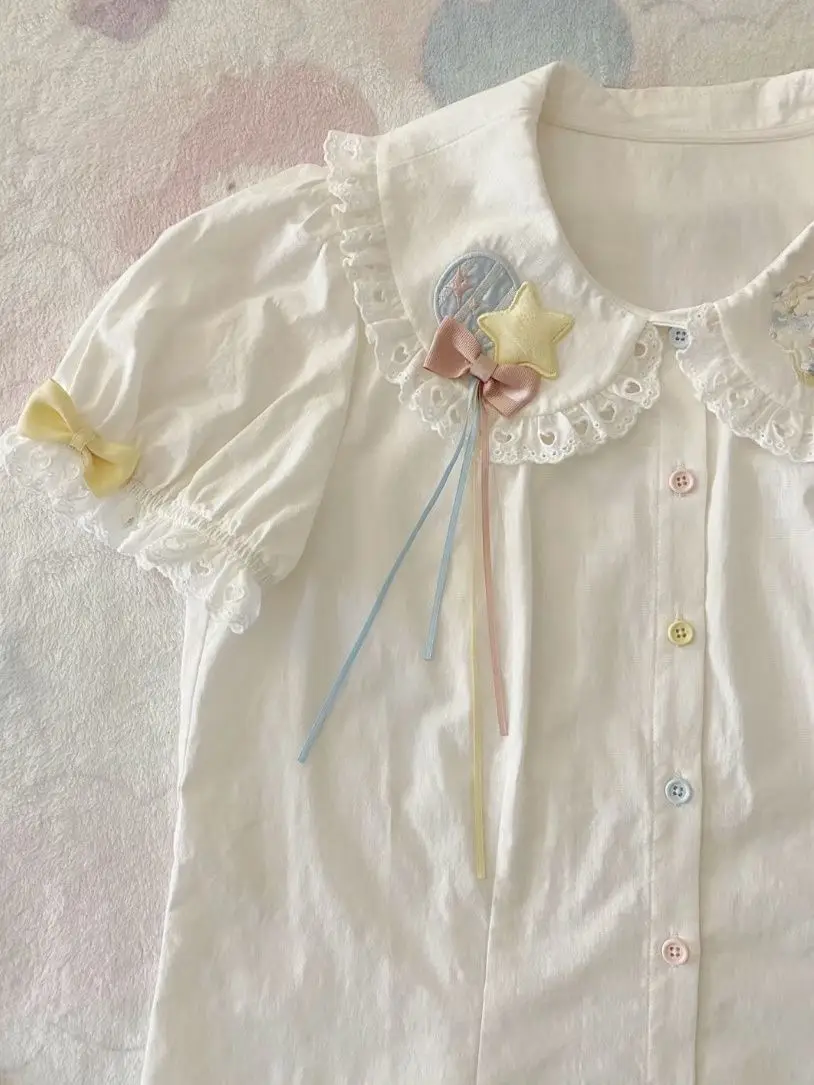 2025 Japanese Kawaii Girl Sweet Cute Lolita Shirt Summer Y2k Aesthetic Lace Patchwork Blouse Top Women JK Loose Bow Blusas Femme