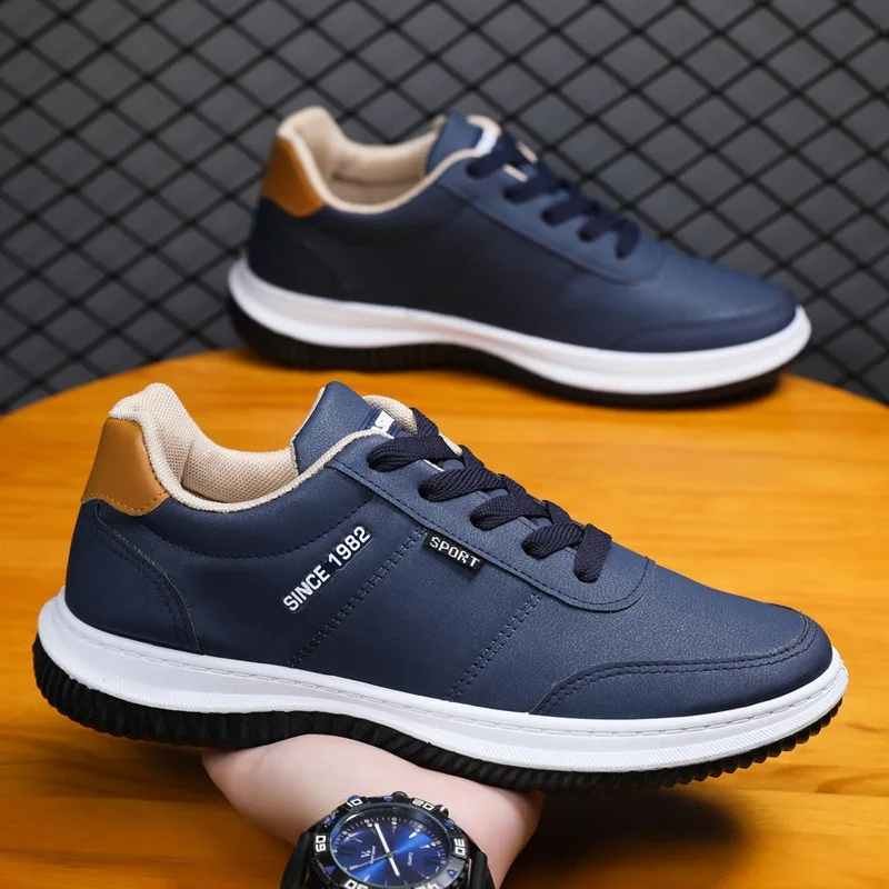 2026 Men Korean Style Leather Sneakers Autumn New Non Slip Shock Absorbing Training Shoes Lightweight Business Men Running Shoes