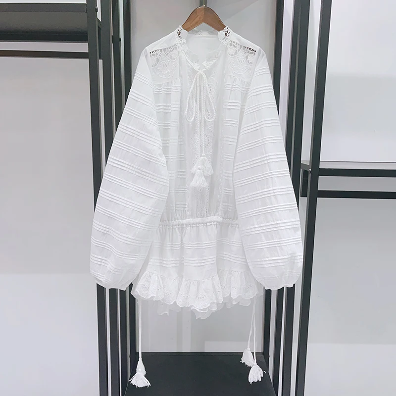 Damen 100% Baumwolle Spitzenbesatz Minikleid Boho Puffärmel Langarm Bindekragen Rüschensaum Lässiges Strandkleid 2026 Frühling Neu Y2k