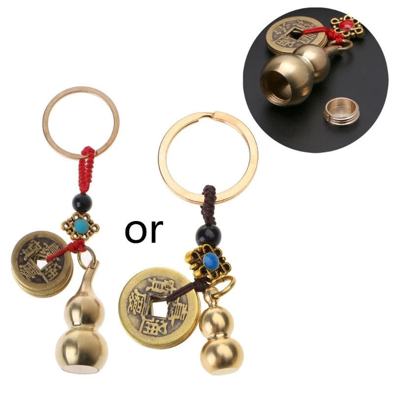 Wu Lou Key Chain Lucky Gourd Keychain with Feng Shui Coins Good Luck Prosperity Success Brass Calabash Pendant Keychain