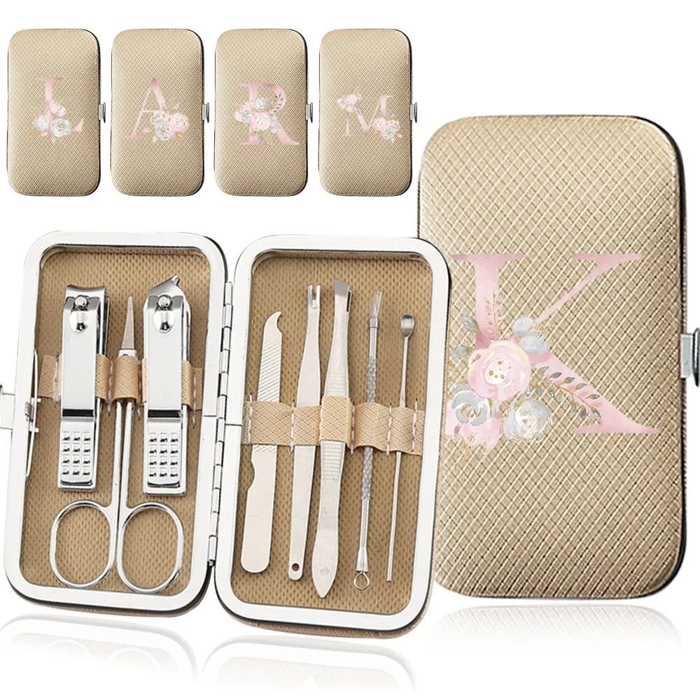 

8Pcs Manicure Cutters Set Nail Clipper Kit Portable Case Pedicure Care Tool Pocket Trimmer Organizer Pink Flower Letter Pattern