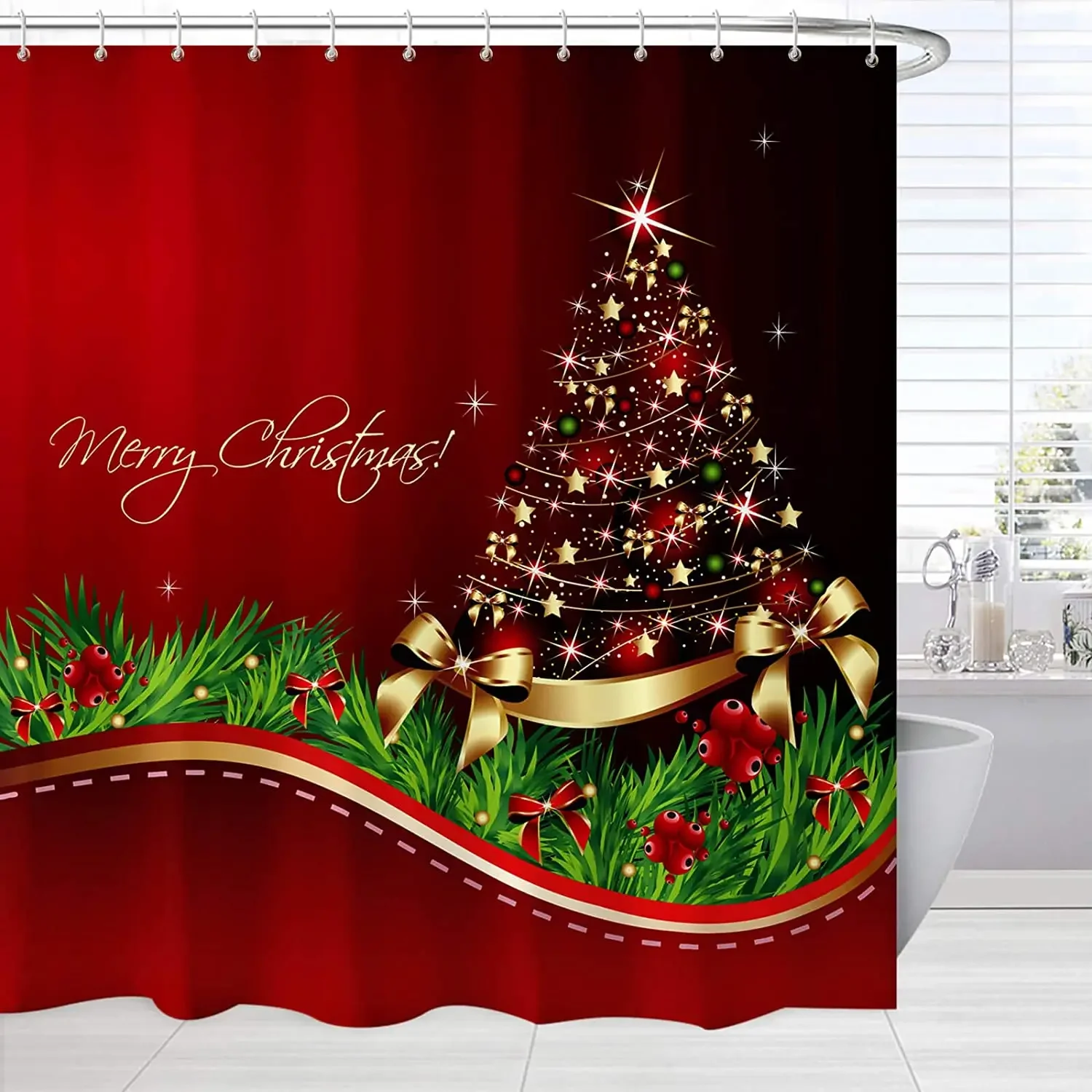 Red Christmas Shower Curtain Xmas Tree Print Bath Curtain Home Decor Winter Holiday New Year Home Bathroom Curtains with Hooks