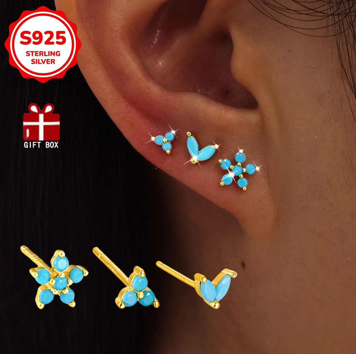 

3pcs S925 Silver Floral Stud Earrings - Hypoallergenic Bohemian Jewelry with Turquoise CZ Girls' Daily Gift