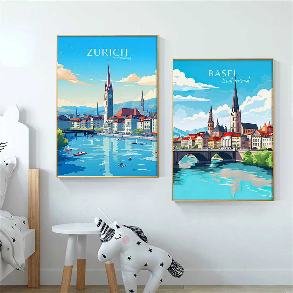Vintage European Travel Wall Art Poster Switzerland Finland City Scenery Canvas Painting Housewarming Gift For Home Wall Decor