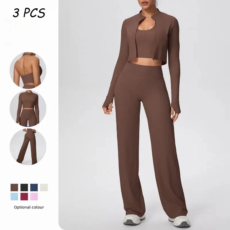 

Женский бесшовный комплект для йоги из 3 предметов, куртка с длинными рукавами, жилет без рукавов, широкие брюки, спортивный костюм, спортивная одежда для фитнеса, тренажерного зала