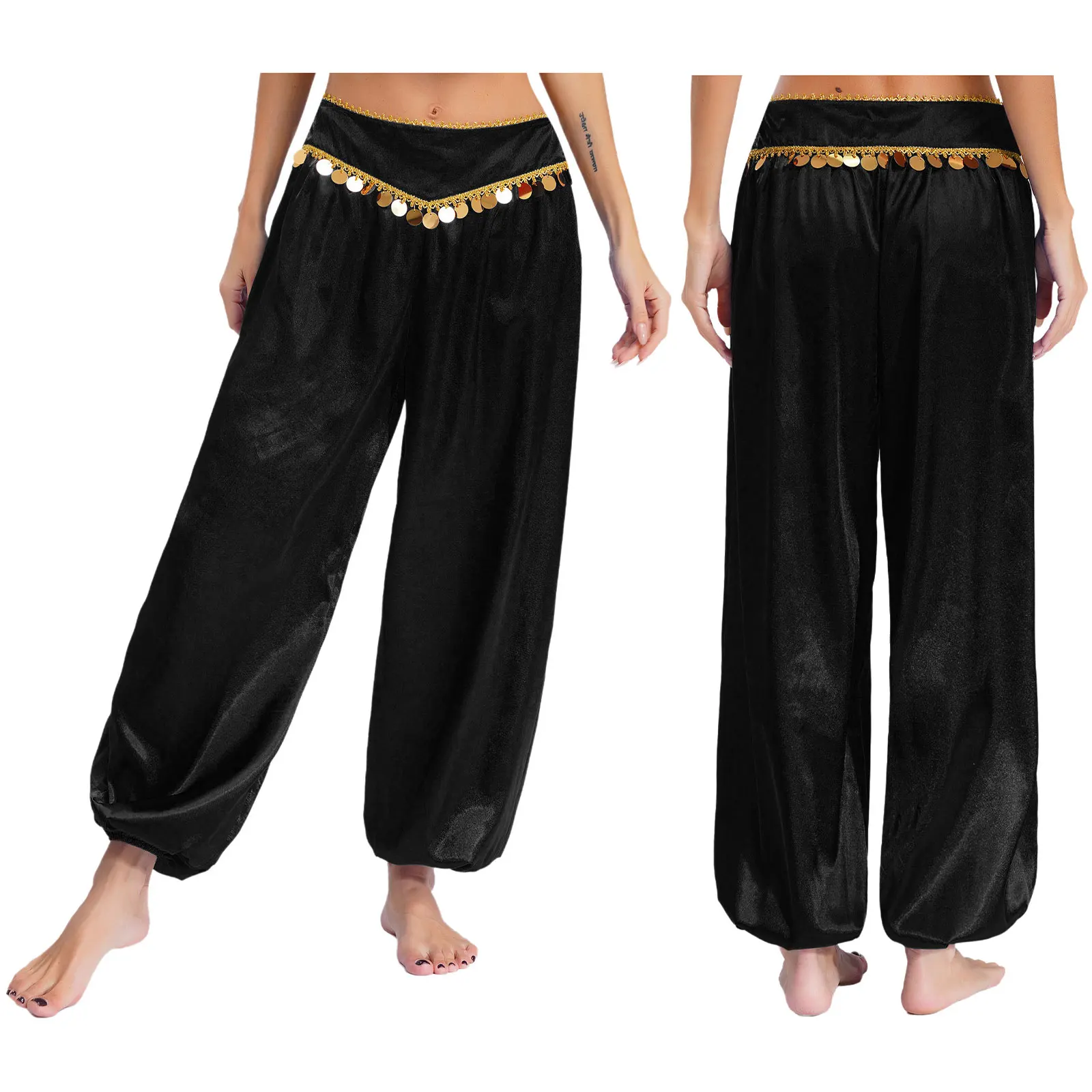 

Womens Belly Dance Pants Sequins Low Waist Loose Harem Pants Baggy Pants Dance Pants Halloween Arabian Pants Performance Outfit