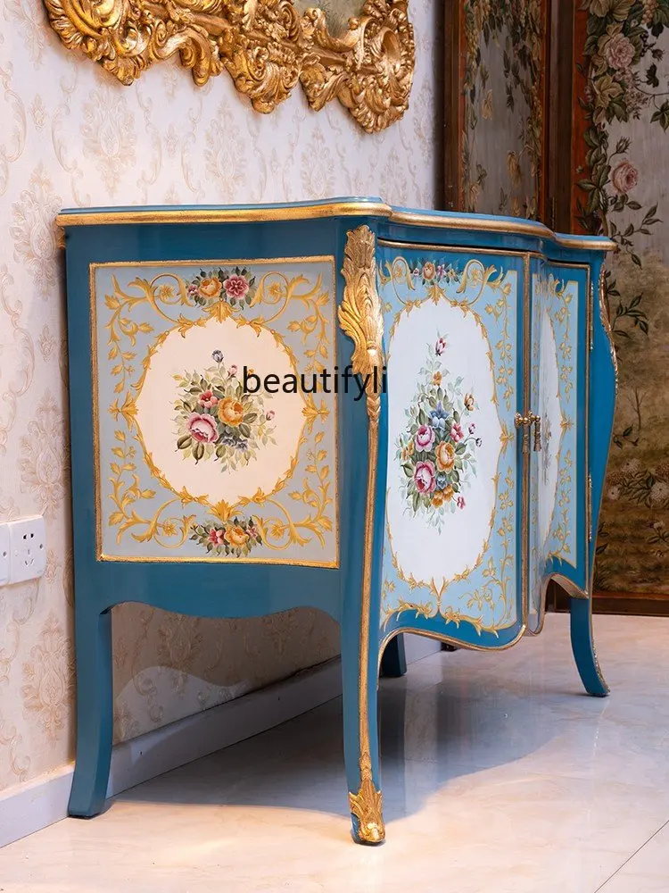 yj French Elegant Solid Wood Door Entrance Cabinet Hand Painting Floral Blue Curio Cabinet