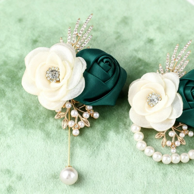 2 Buah Set Bunga Dada Pengantin dan Pengantin Pria untuk Pernikahan, Bunga Pergelangan Tangan Elegan dan Aksesoris Buket DIY untuk Pesta Pernikahan
