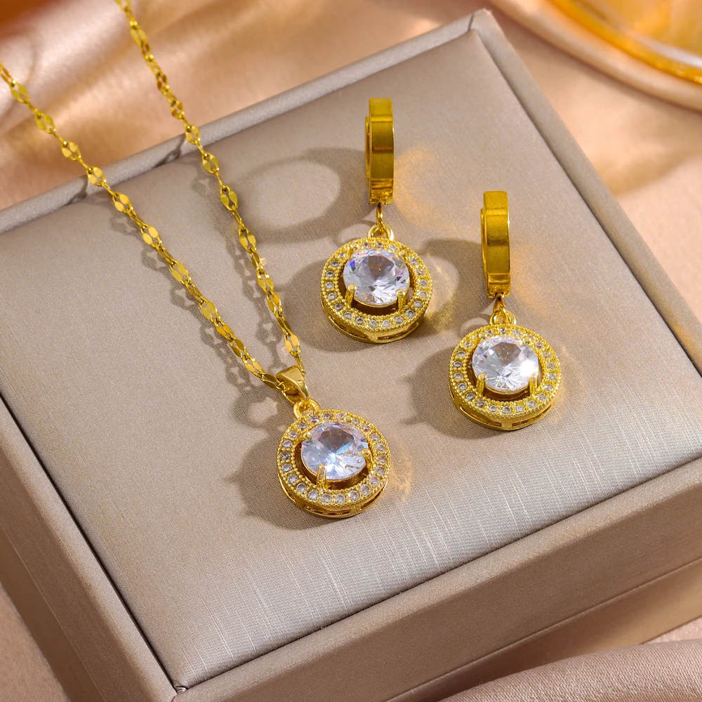 Neues luxuriöses, glitzerndes Zirkon-Kristall-Halsketten- und Ohrring-Set für Damen aus Edelstahl, Schmuckset, Halskette, Accessoires