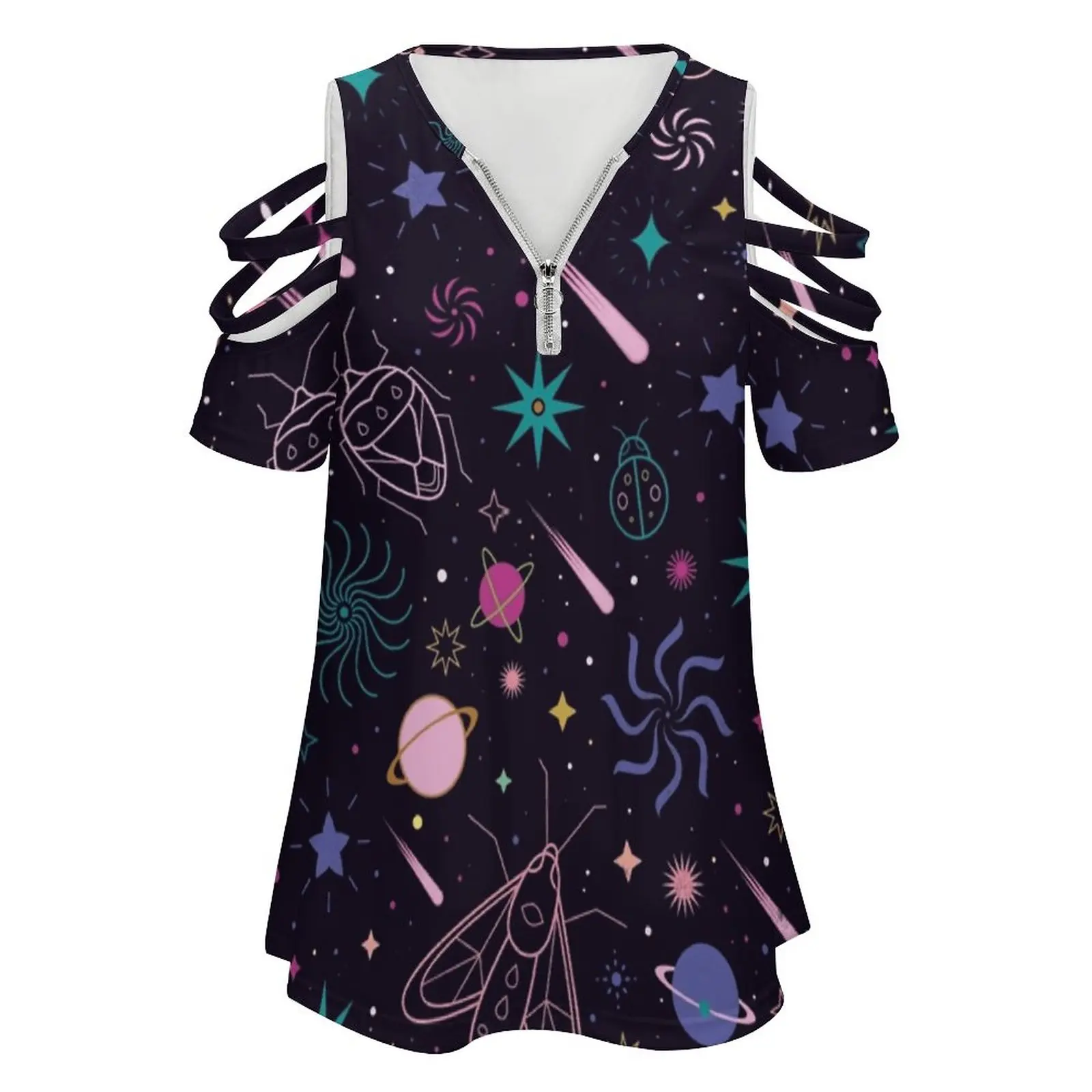 Bug Galaxy Women Zipper Sexy Printed Vintage T Shirts Tops Full Print T-Shirt Bugs Insects Moth Ladybird Space Pattern Galaxy