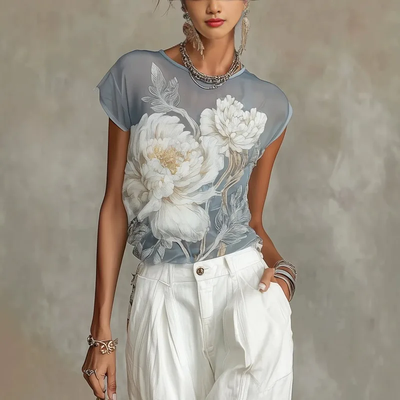 Elegante Damen-Bluse mit Blumenmuster, Transparente Weiße Pfingstrosen-Netzbluse, Kurzarm-T-Shirt, Lässiges Sommer-Chiffon-Oberteil 2026 Neu – Detail 1