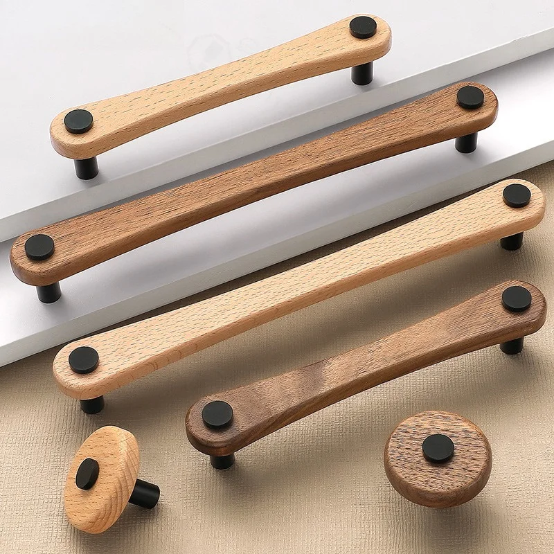 Mid‑Century Walnut Wood Cabinet Pull Retro Wooden Handle for Wardrobe Drawer Shoe Cabinet Furniture Hardware