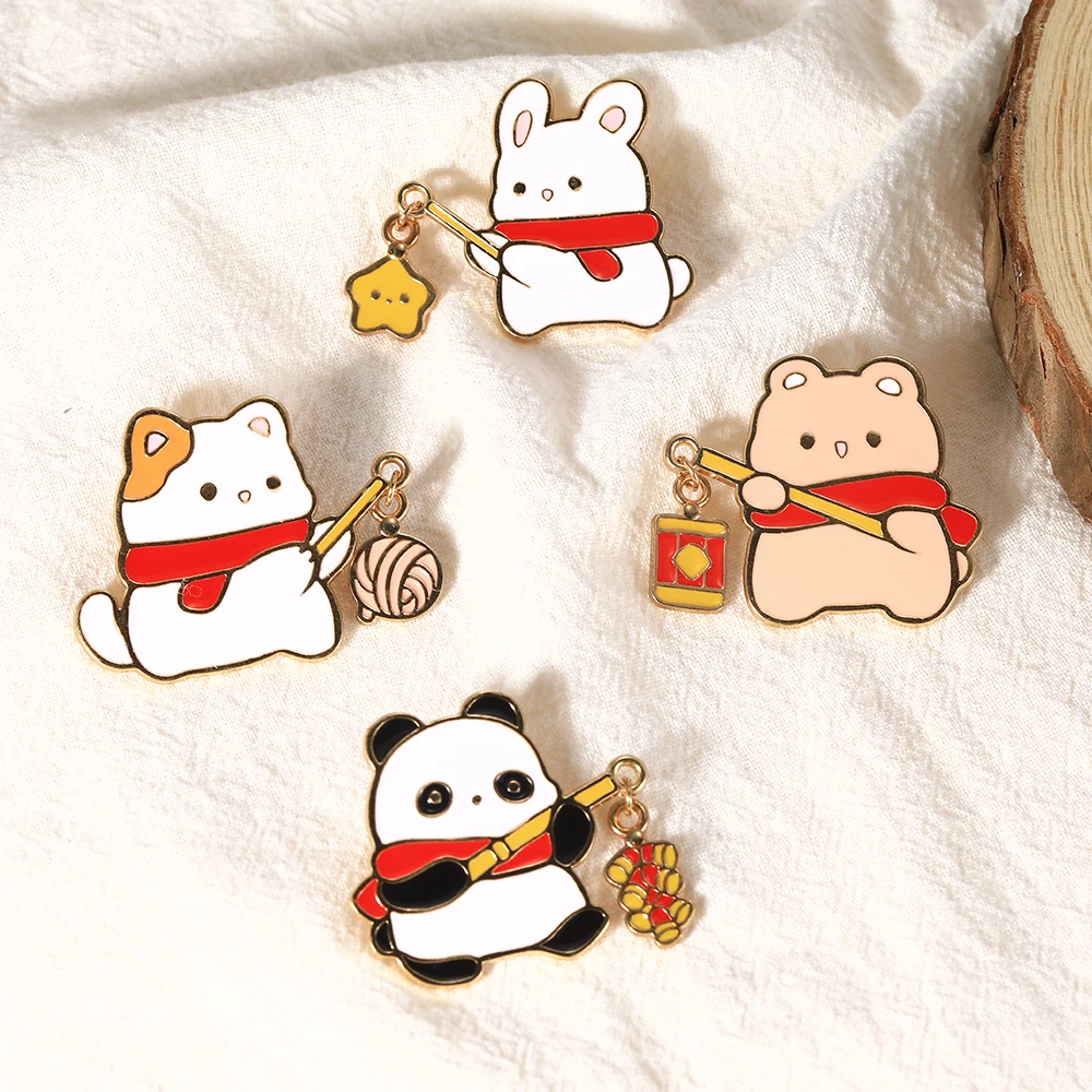 Chinese Style Cute Animals Charm Pins Creative Panda Rabbit Cat Bear Holding Lantern Firecrackers Star Enamel Brooches