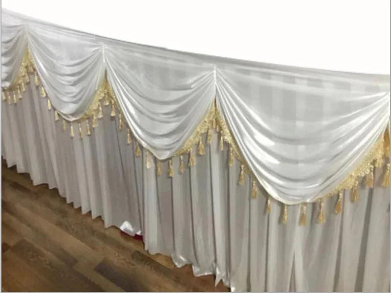

10FT/20FT,White Table Skirts,with Swags and Tassels,Pleated Tablecloth,for Birthday Party Banquet Wedding Baby Shower Decoration