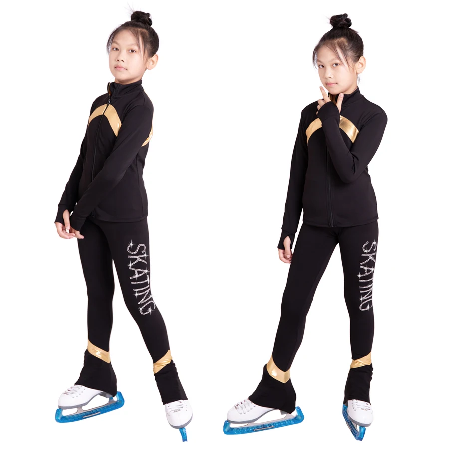 New Ice Figure Skating Jacket Pants Women Girl Trousers Top Black Teens Children Kids Colored Blue Rhinestones Training