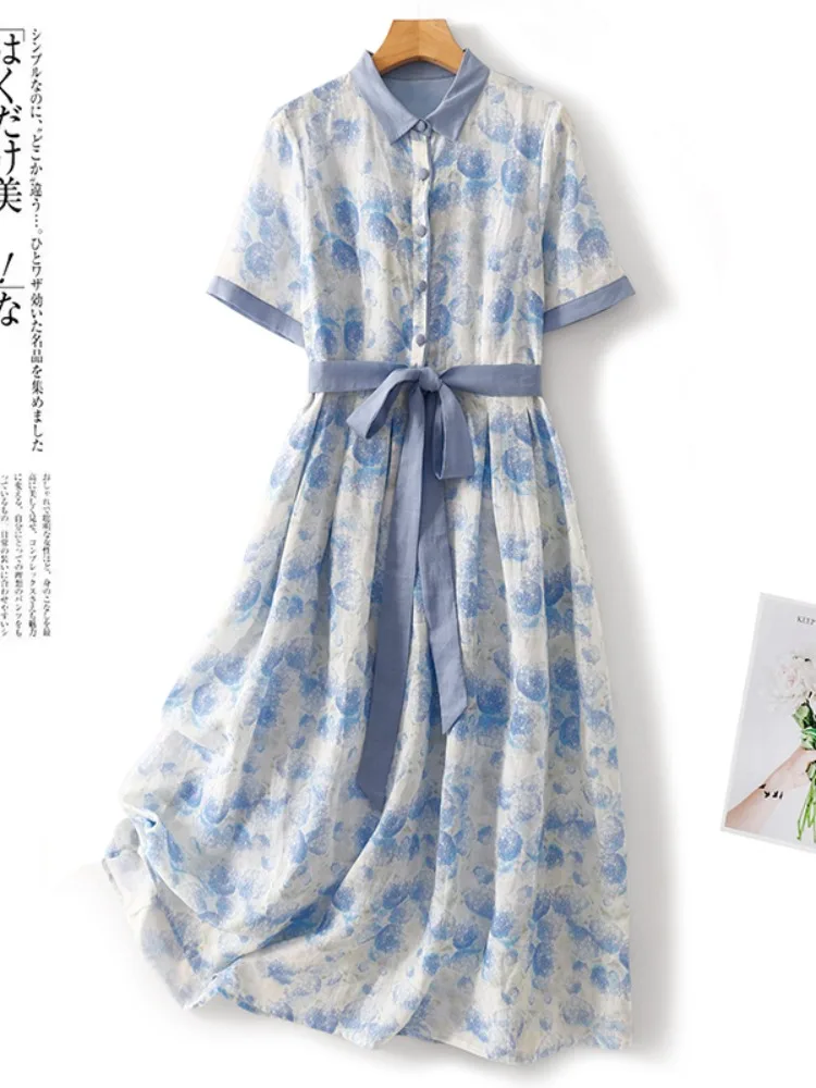 Ele Blauw Katoen Linnen Print Dr Dames Zomerontwerp Afslankende Taille Reizen Lange Rok A-lijn Midi Dr Enkele knop