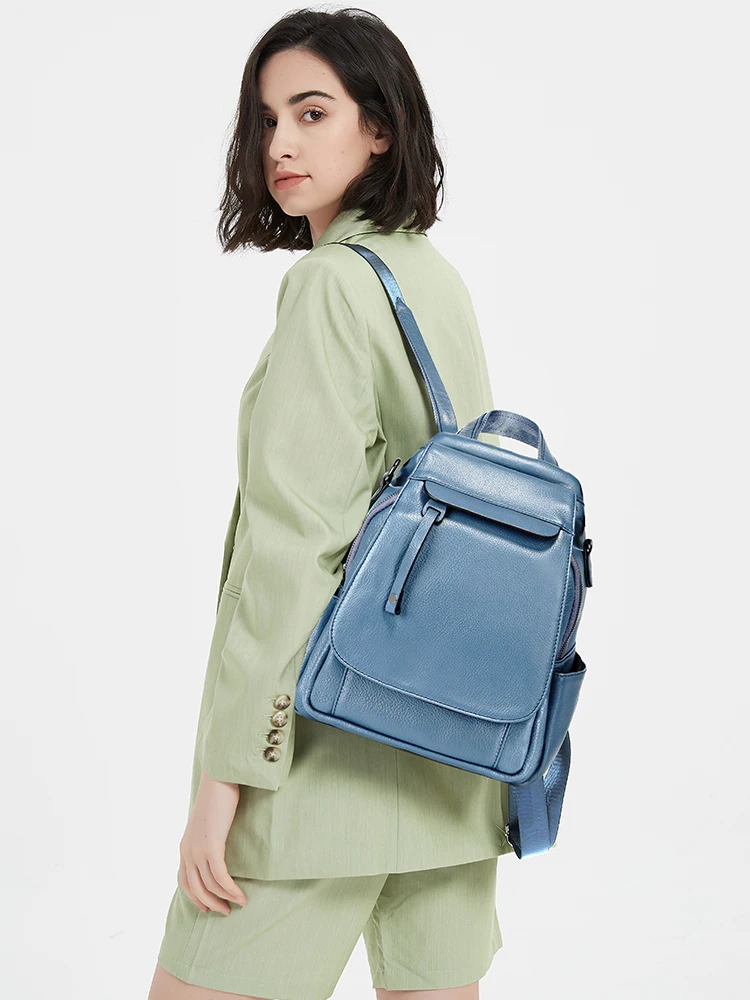 Zency Genuine Leather Women's Fashion Backpack High Quality School Travel Shoulder Bags Satchel Rucksack Multifunctional Pockets