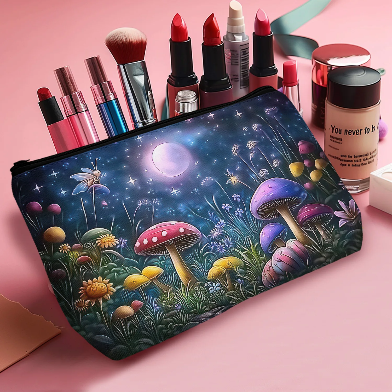 1Pc Fantastic Night Scenery Cosmetic Bag Lawn Jungle Mushroom Plant Moon Pattern Cosmetic Bag With Zipper 8.66X5.51Inch