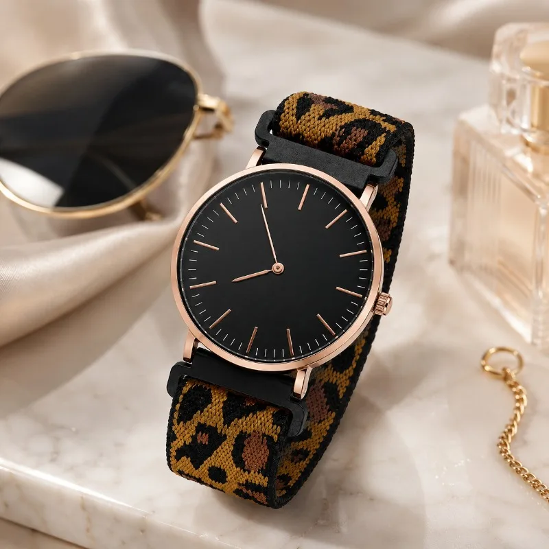 Minimalist Women Quartz Watch Thin Round Case Leopard Print Nylon Woven Strap Ladies Wristwatch Fashion Female Jewelry Gift