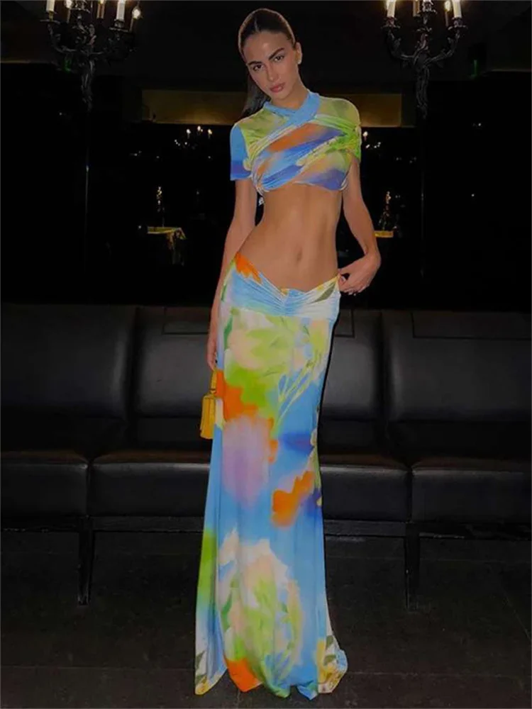 

Printed 2 Piece-Set Long Skirt Female Patchwork Slim Short Sleeve Cropped Top And High Waist Maxi Skirt Sets Women Outfits