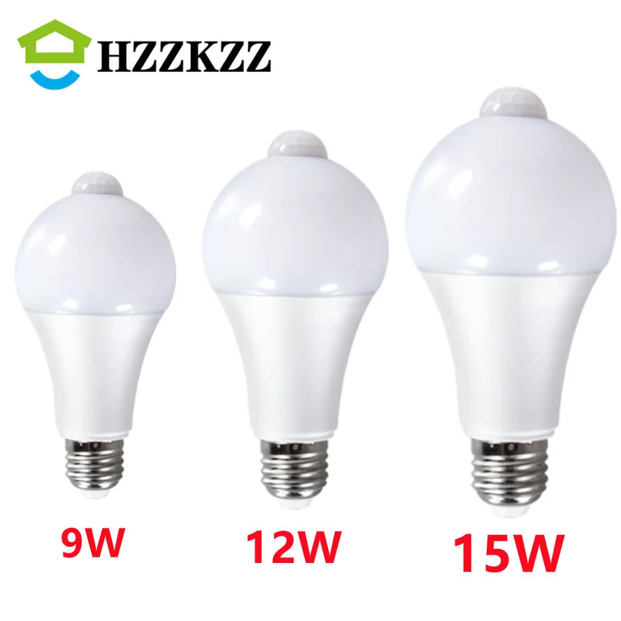 

HZZKZZ 85V-265V LED E27 PIR Motion Sensor Light Bulb 9W 12W 15W Infrared Radiation Motion Detector Sensor Lamp for Home lighting