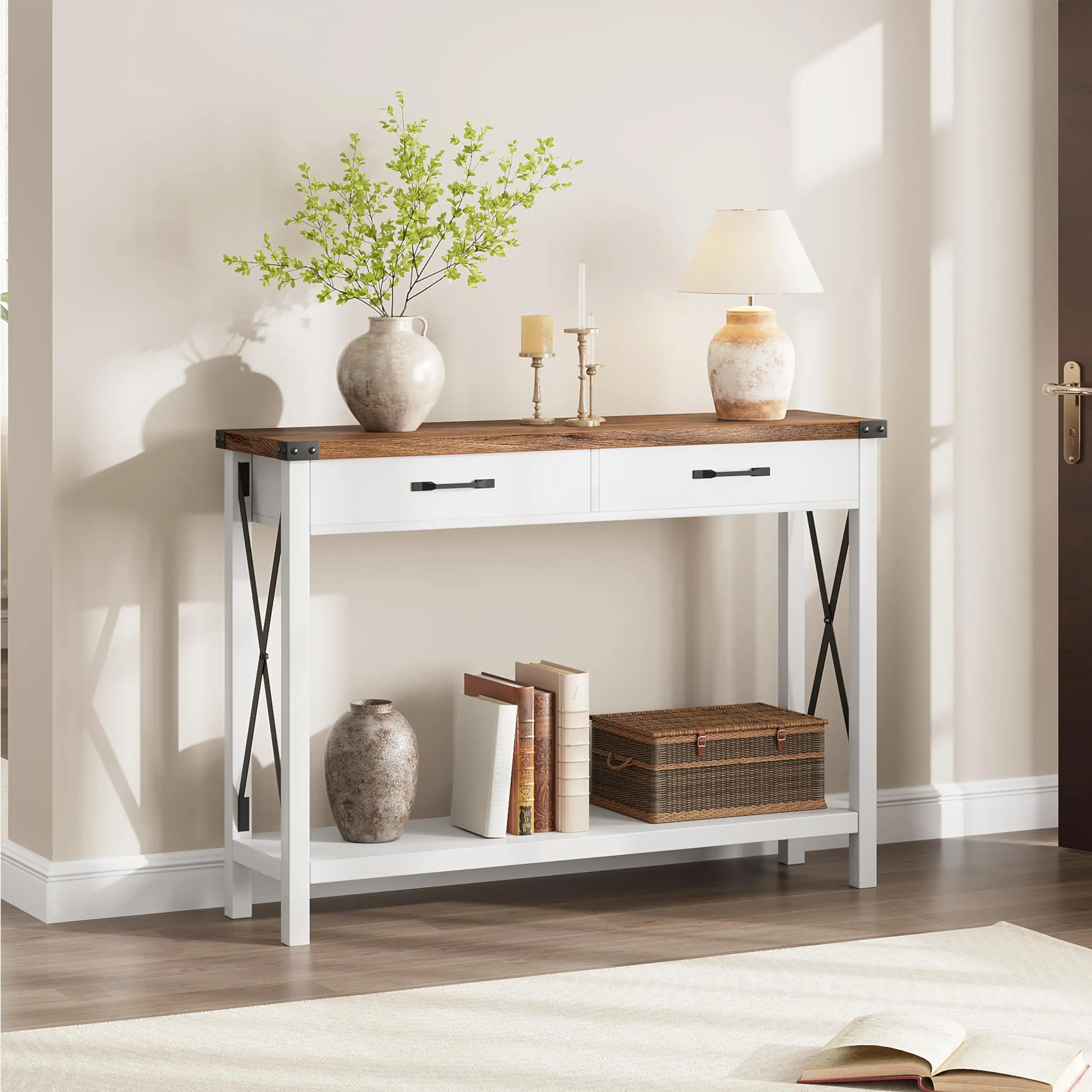 Mesa de entrada de madera, mesa consola de granja con 2 cajones, mesa de sofá con almacenamiento para sala de estar, mesa de vestíbulo de pasillo para el hogar