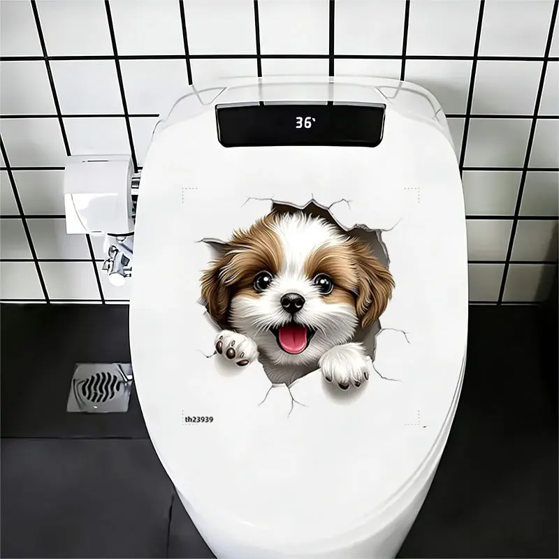 1Pc Fun Wall Sticker with Animal Theme, Design of a Tongue-Out Smiling Puppy Going through the Wall, 2D Flat Printed Self-Adhesive Pvc Decorative Sticker, Suitable for Toilet Lids, Bathroom Glass, Bedroom, Refrigerator, Washbasin, Cabinets, Doors and Windows, and Wall Decals. Fun and Attractive Stickers That Are Practical and Easy to Use, Creating a Warm and Fun Space. a Creative and Thoughtful Gift for Family, Friends, and Loved Ones
