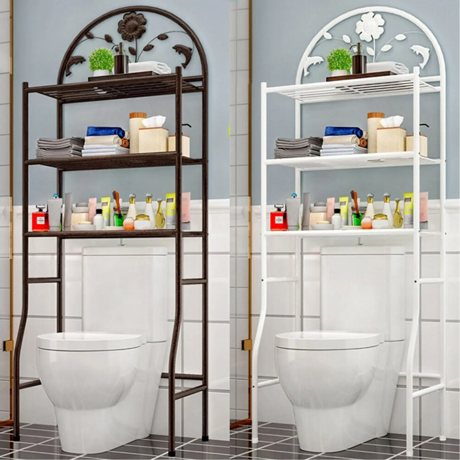 Over The Toilet Storage Cabinet Space-Saving Bathroom Organizer Rack w/ Shelf Black or White