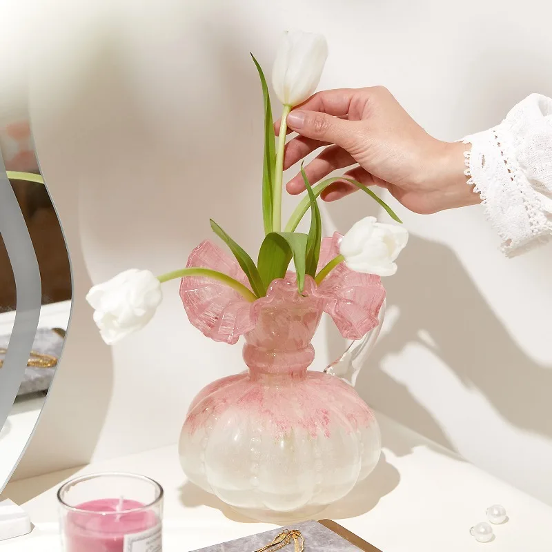 Pink Cream Windshield Vase High-end Light Luxury Art Flowers Living Room Flower Arrangement Ornament Office Decoration Vases