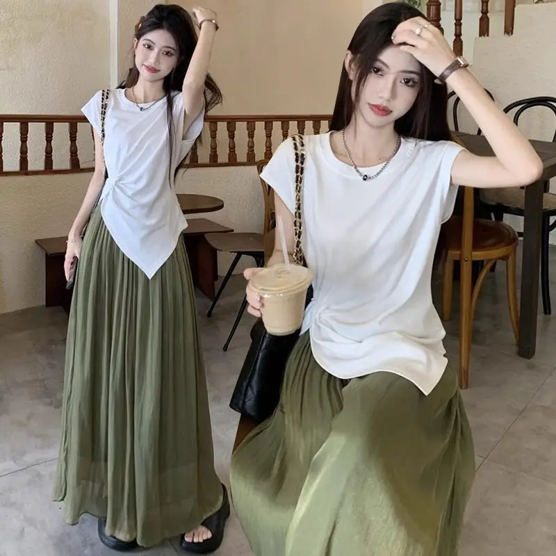 

High Street Women's Set Summer Irregular Short Sleeve T-shirt+High Waist Green Wide Leg Trouser Skirt Two Piece Set for Women