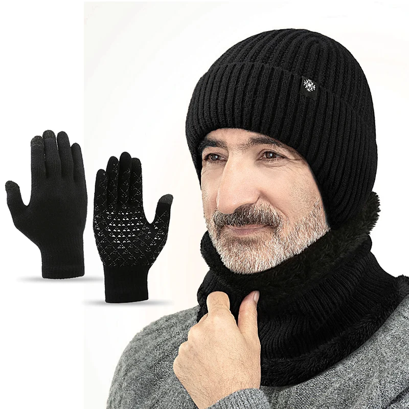 Winter Warm Thickened Hat Neck Cover Gloves Three-Piece Set Of Middle-Aged And Elderly Ear Protection Knitted Beanie Hat