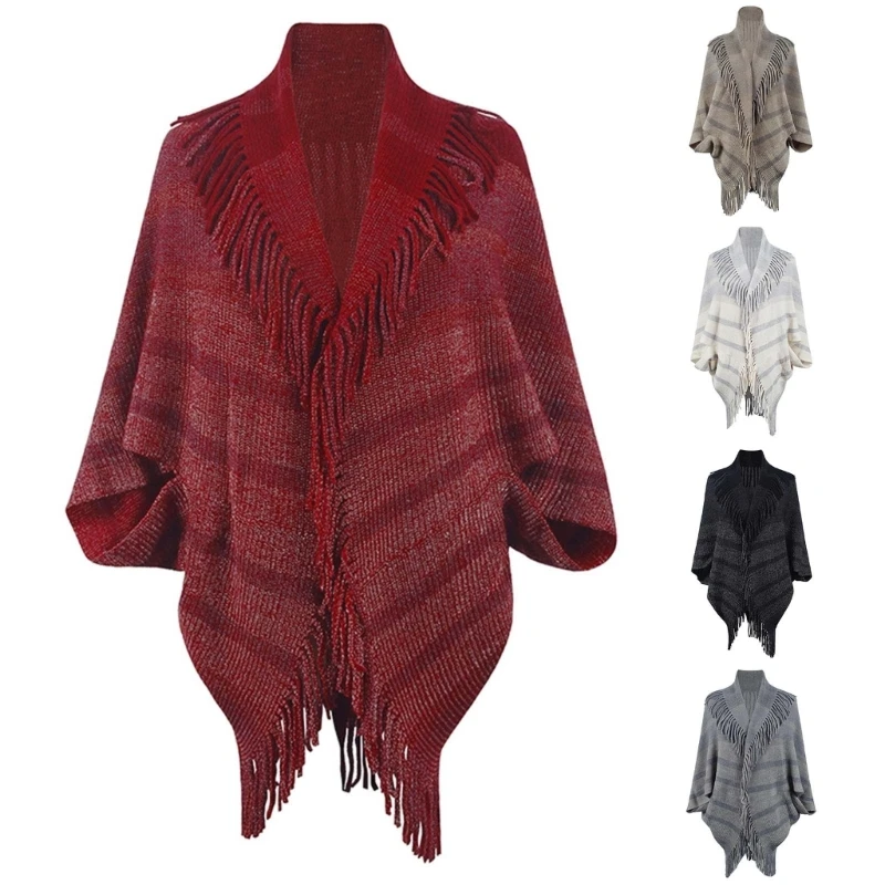 

European Tassels Shawl Women's Stripe Knitwear Coat Tops Fashionable and Cosy Outerwear Knitted Striped Cloak P8DB