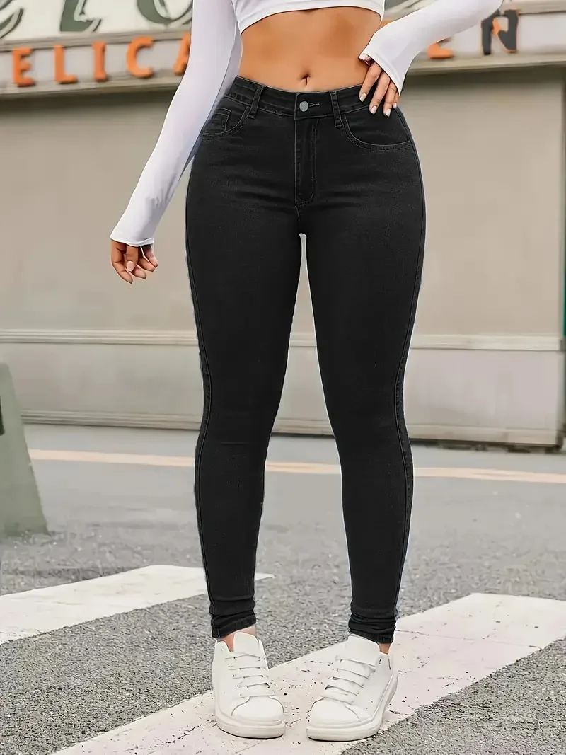 Europe and The United States Women's New Skinny Stretch Small Leg Jeans Four Seasons Simple Casual Denim Nine-point Pants Women
