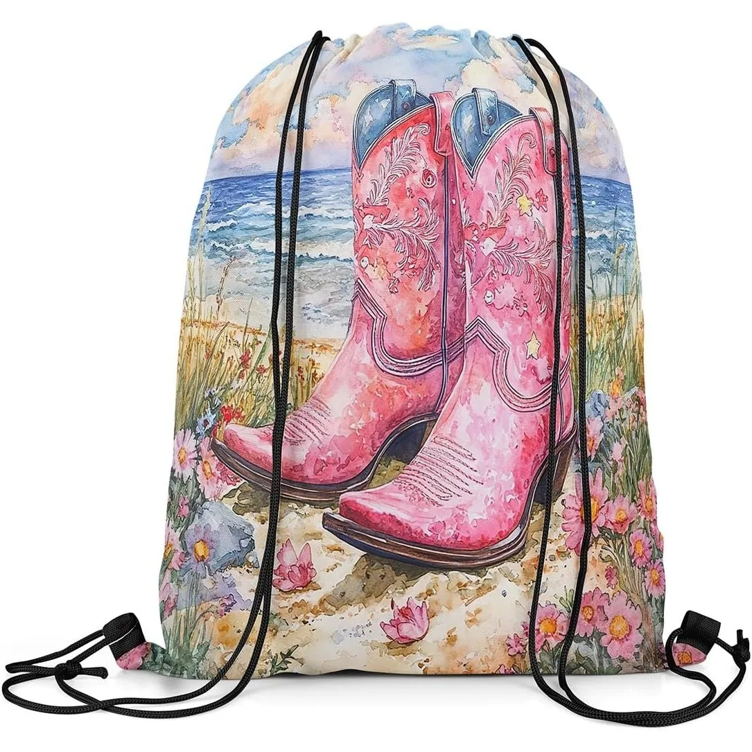 

Рюкзак на шнурке с изображением коровы, водонепроницаемые сумки на шнурке для спортзала в западном стиле, розовые ботинки, спортивный рюкзак на шнурке