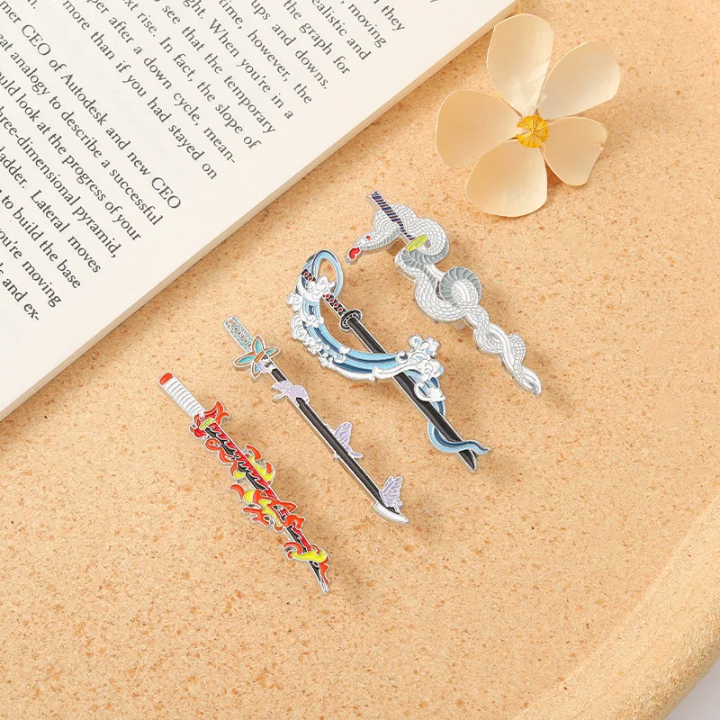 Creative Demon Dagger Sword Enamel Brooch Flame Wave Animal Snake Lotus Knife Alloy Pins Badge Punk Jewelry Gift For Fans