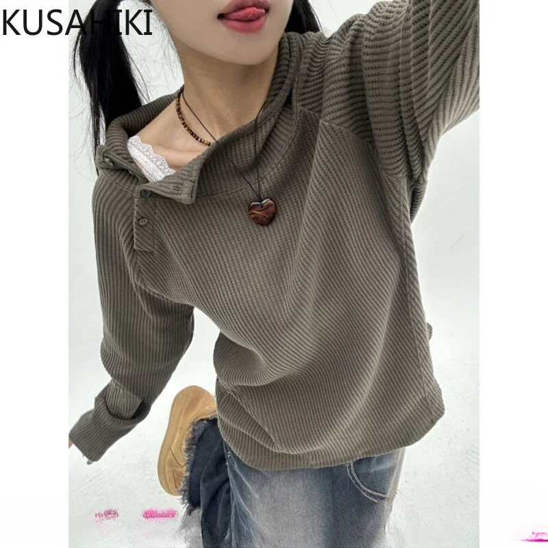 KUSAHIKI Autumn and Winter Fashion Skew Collar Slim Fit Hooded T-shirt Long Sleeve Sweatshirt 2023 New Spicy Girl Y2k Top Jumper