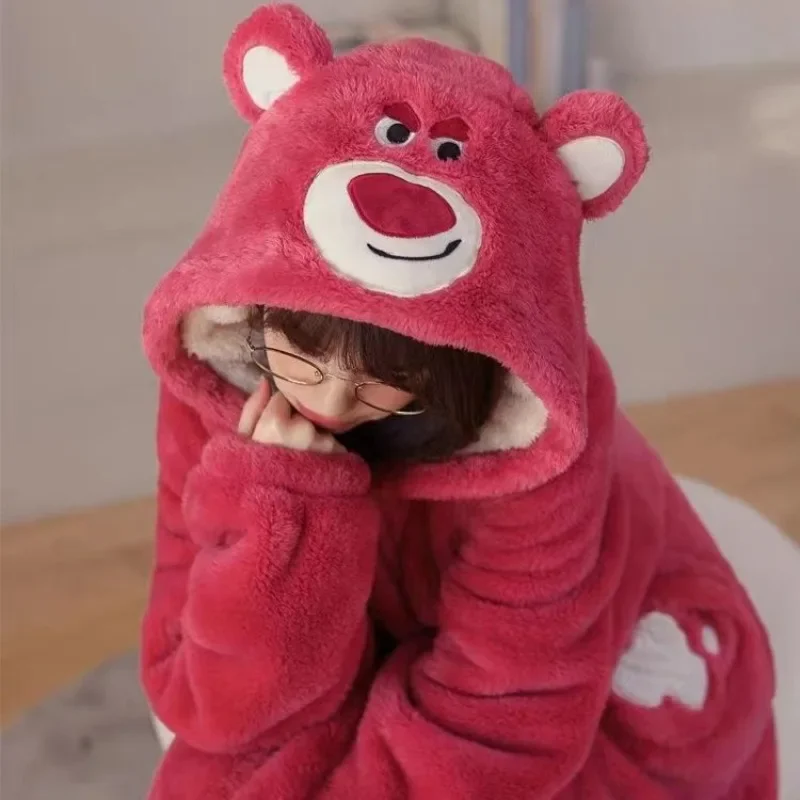 Disney Toy Story Lotso Girls Winter Plus Velvet Thickened Coral Velvet Nightgown To Wear Long Cartoon Home Clothes To Keep Warm