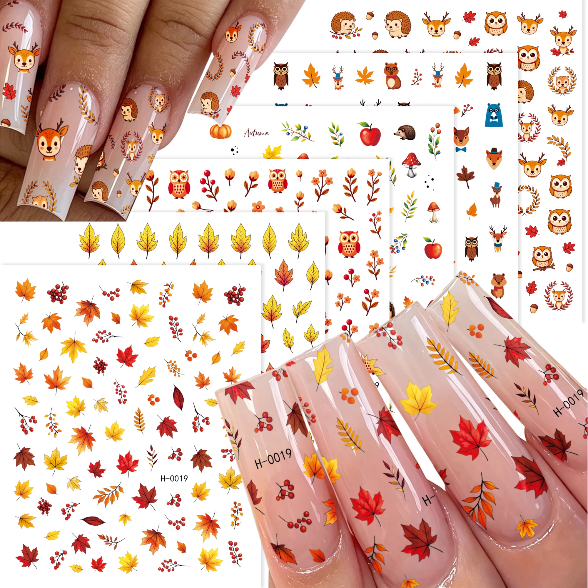 6Pcs 3D Autumn Maple Leaf Nail Stickers Fall Fruit Squirrel Fox Self-Adhesive Nails Decals Thanksgiving Day Manicure Decorations