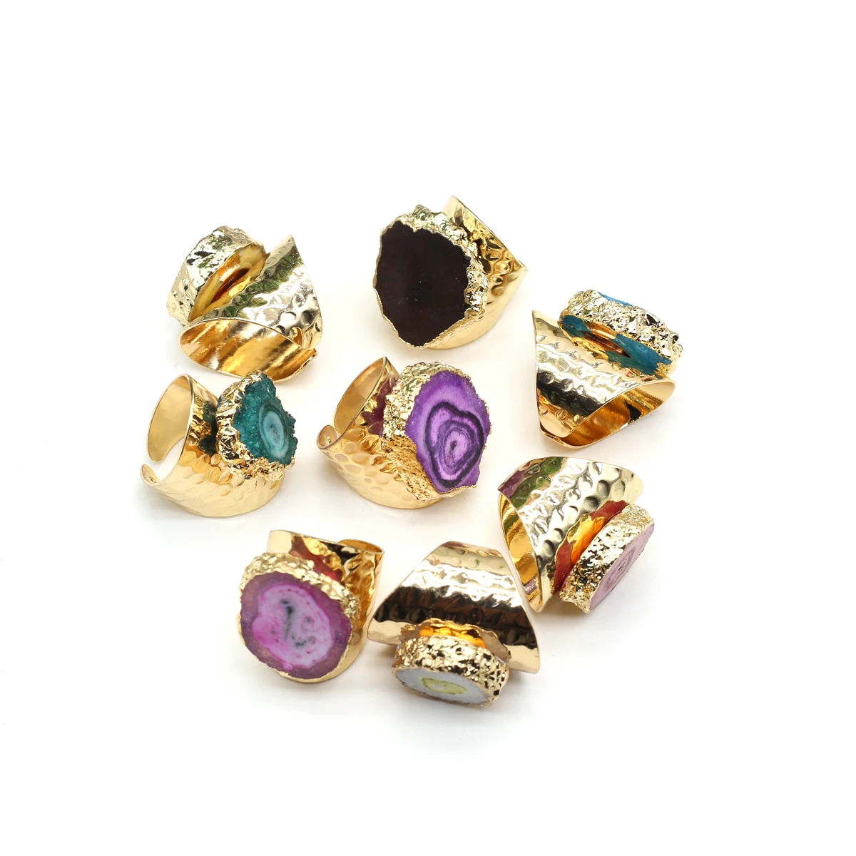 Irregular Natural Stone Agates Ring Slice Druzy Sunflower Wide Open Ring for Women Gold Plated Resizable Finger Jewelry