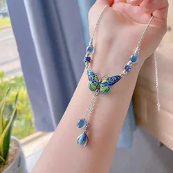 925 silver blue-green enamel exquisite butterfly Necklace for Women tassel flower retro Chinese style clavicle chain jewelry
