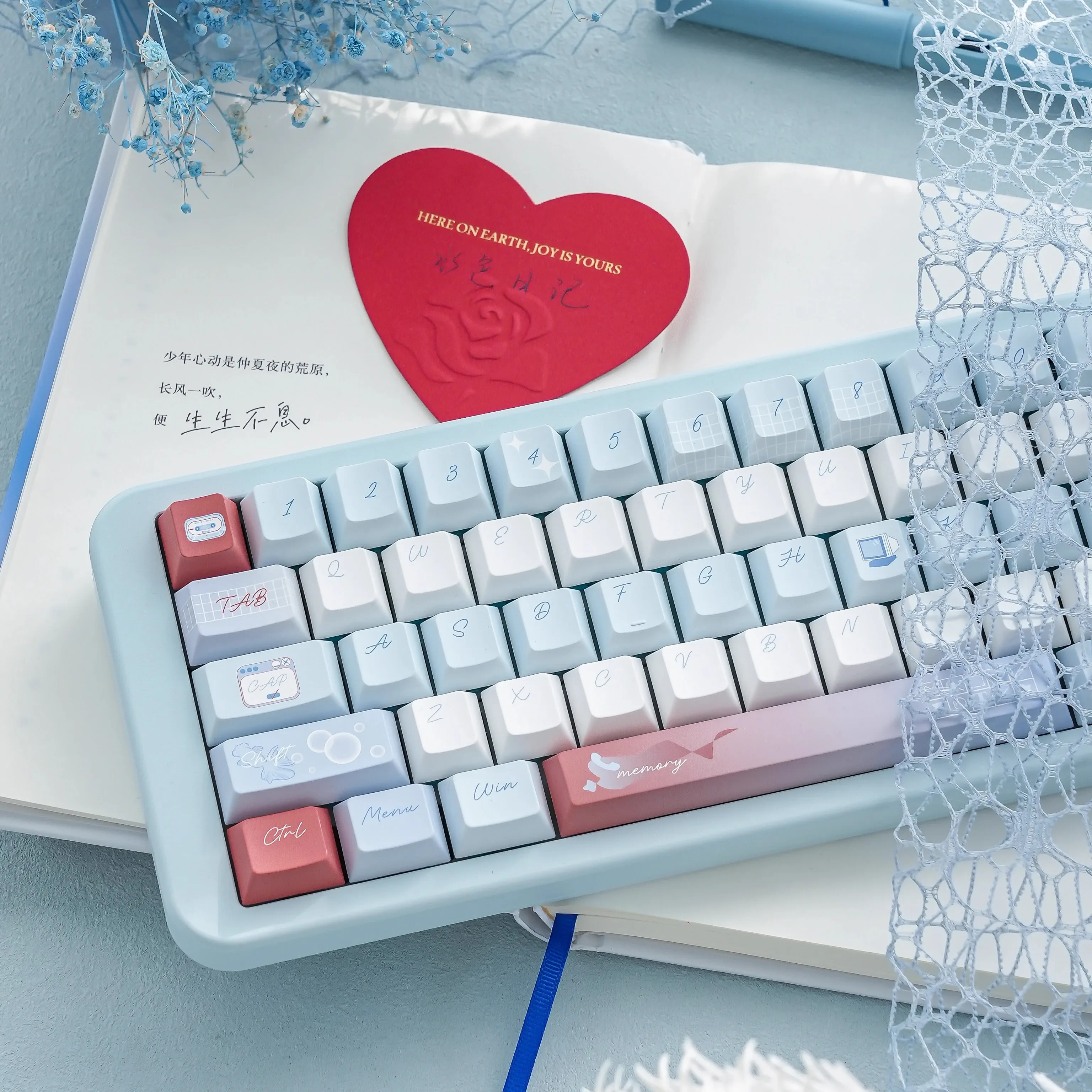 Diary Theme Light Blue Keycap Cherry/FOA Profile PBT Full Five-sided Sublimation Mechanical Keyboard Customized Keycaps 143Keys