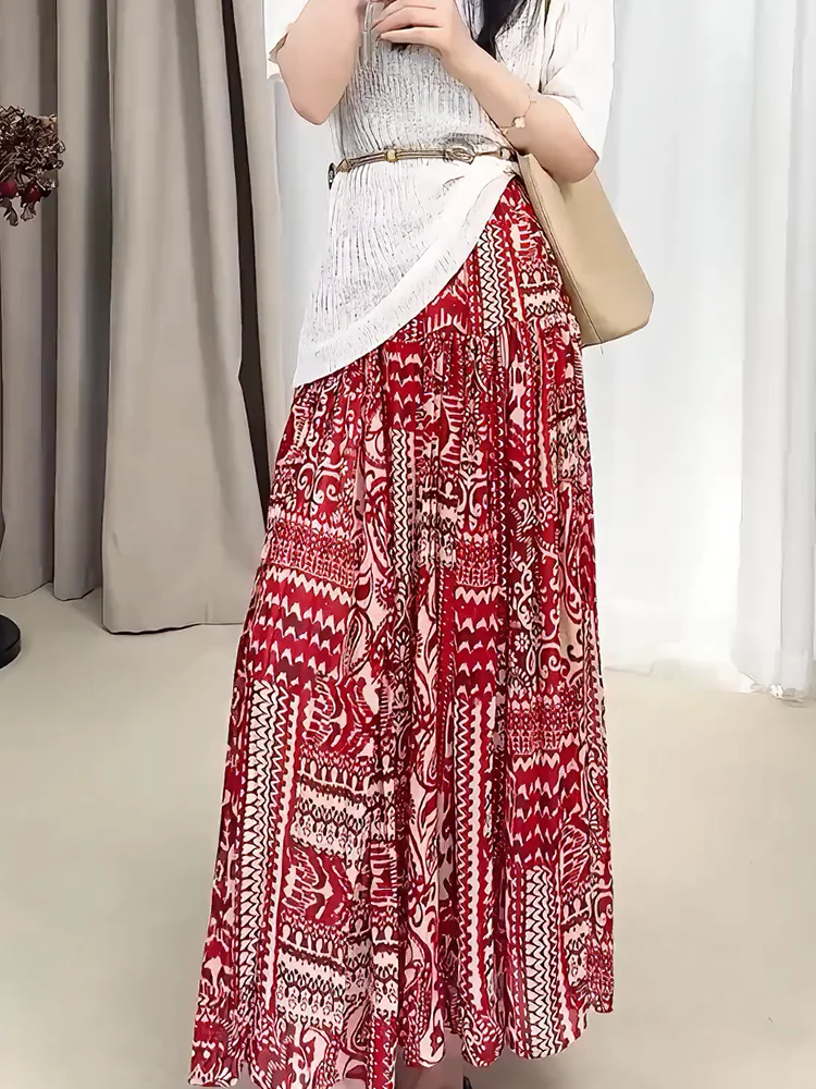 

N Sle Драпированная юбка с высокой талией и цветочным принтом на эластичной талии Летняя новая этническая юбка Sle f Body Длинная юбка трапециевидной формы